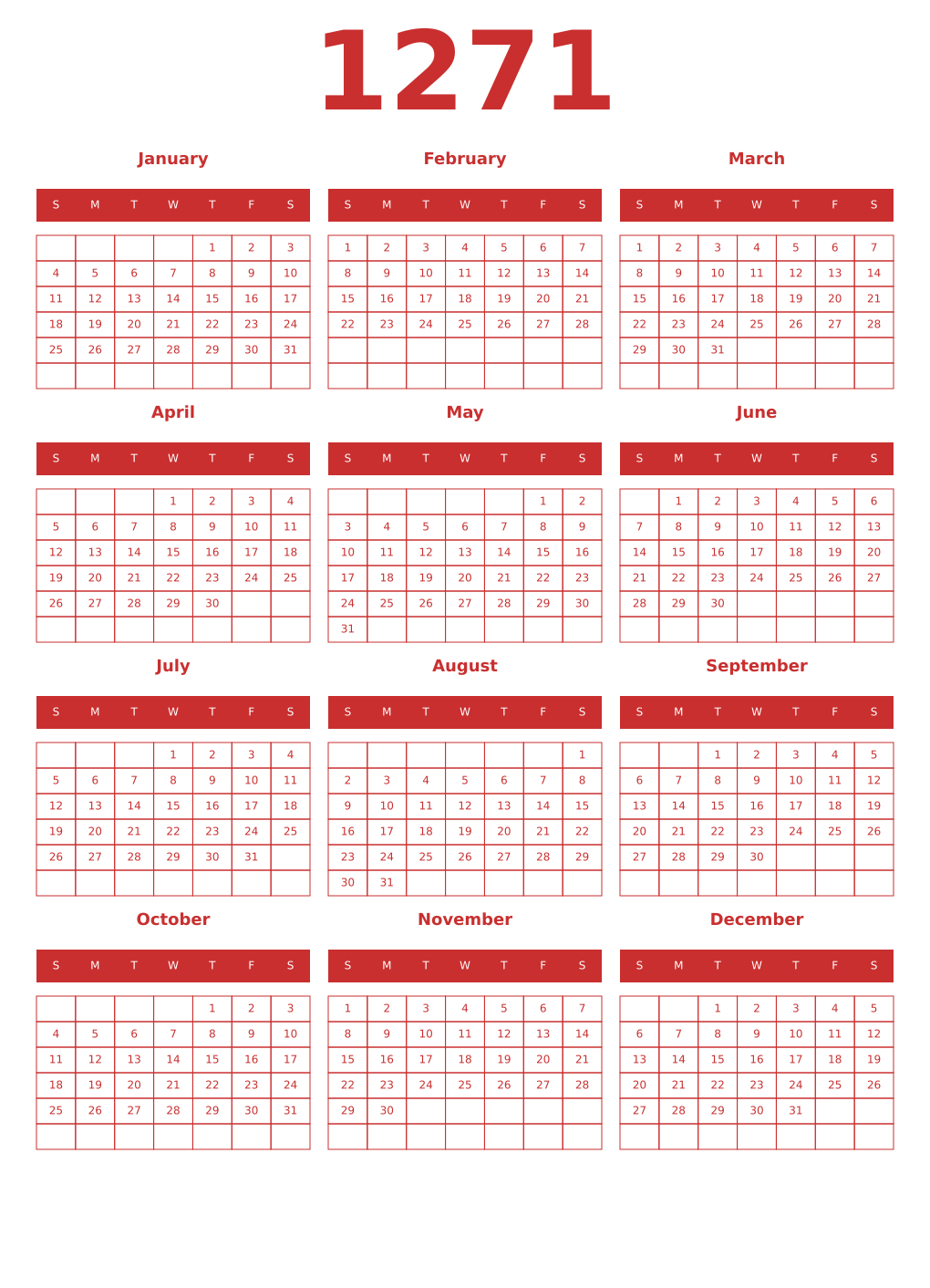 Printable 1271 Year Calendars red