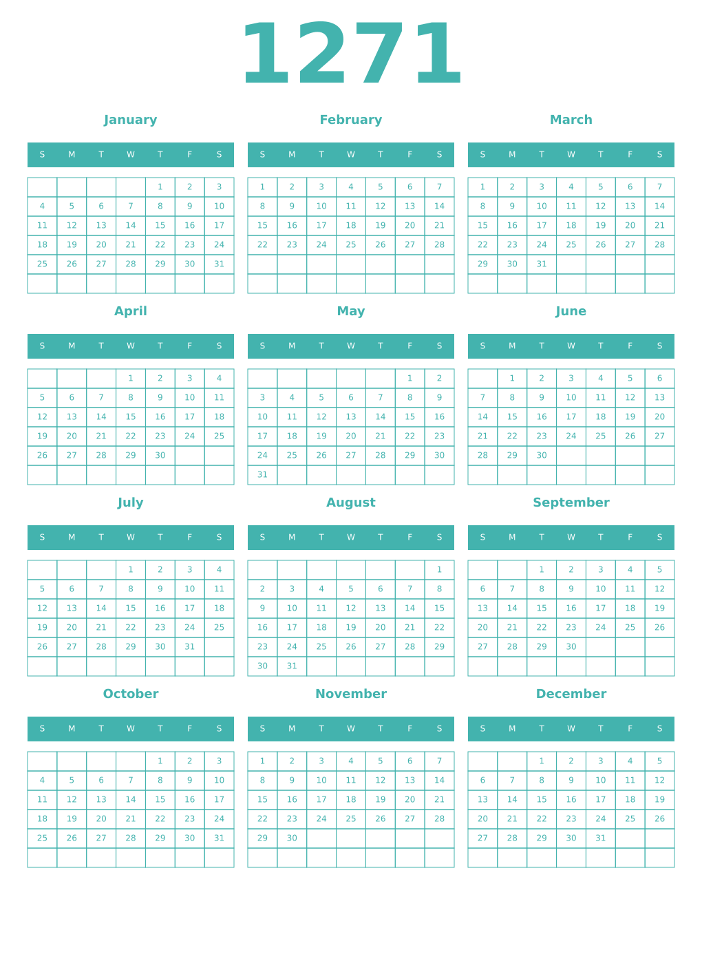 Printable 1271 Year Calendars verdigris