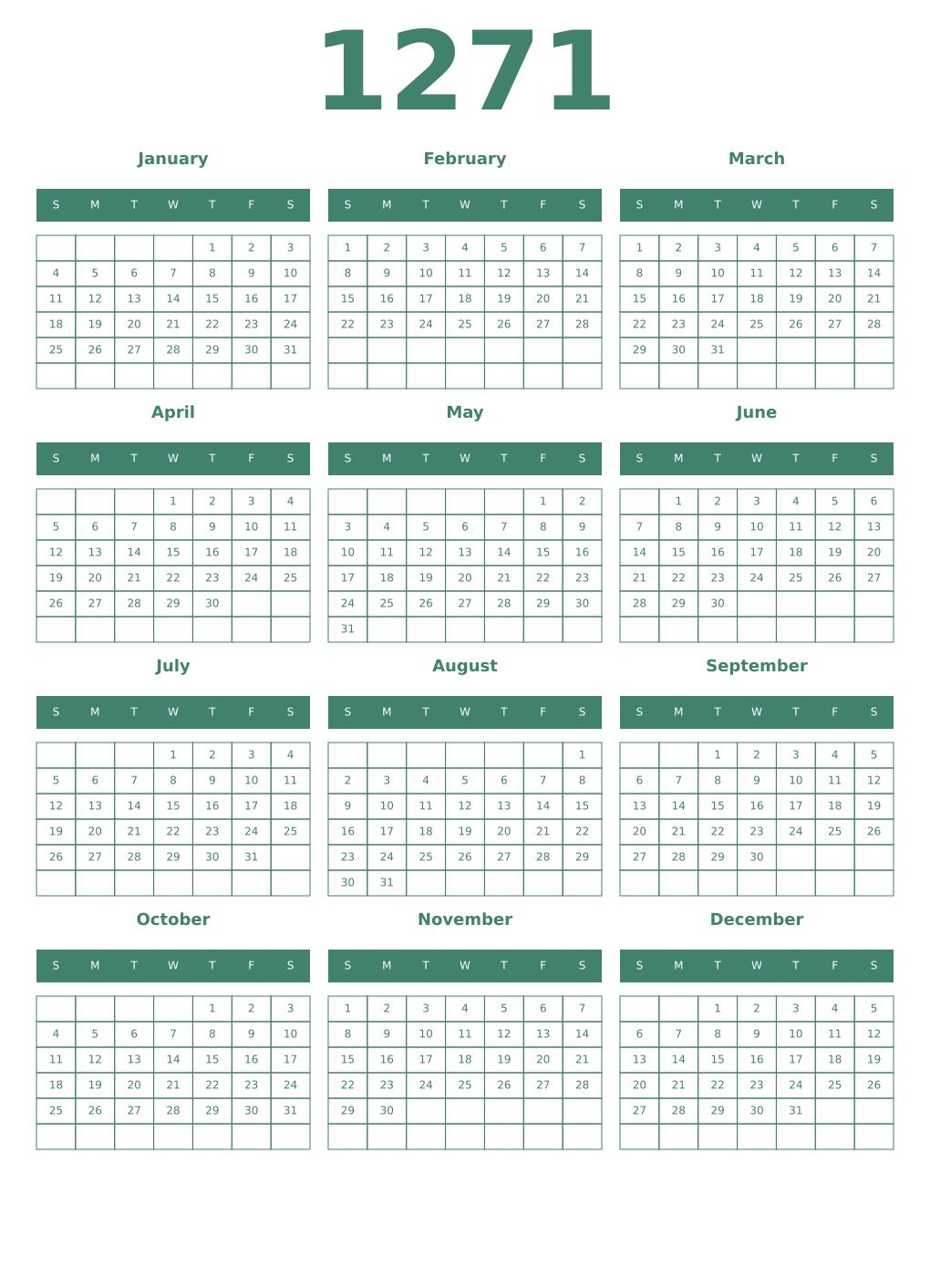 Printable 1271 Year Calendars viridian