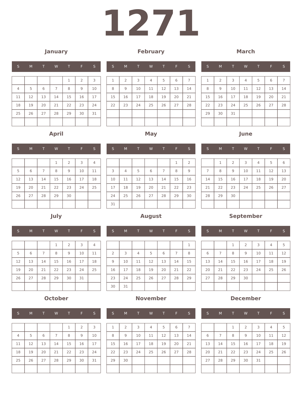 Printable 1271 Year Calendars wenge