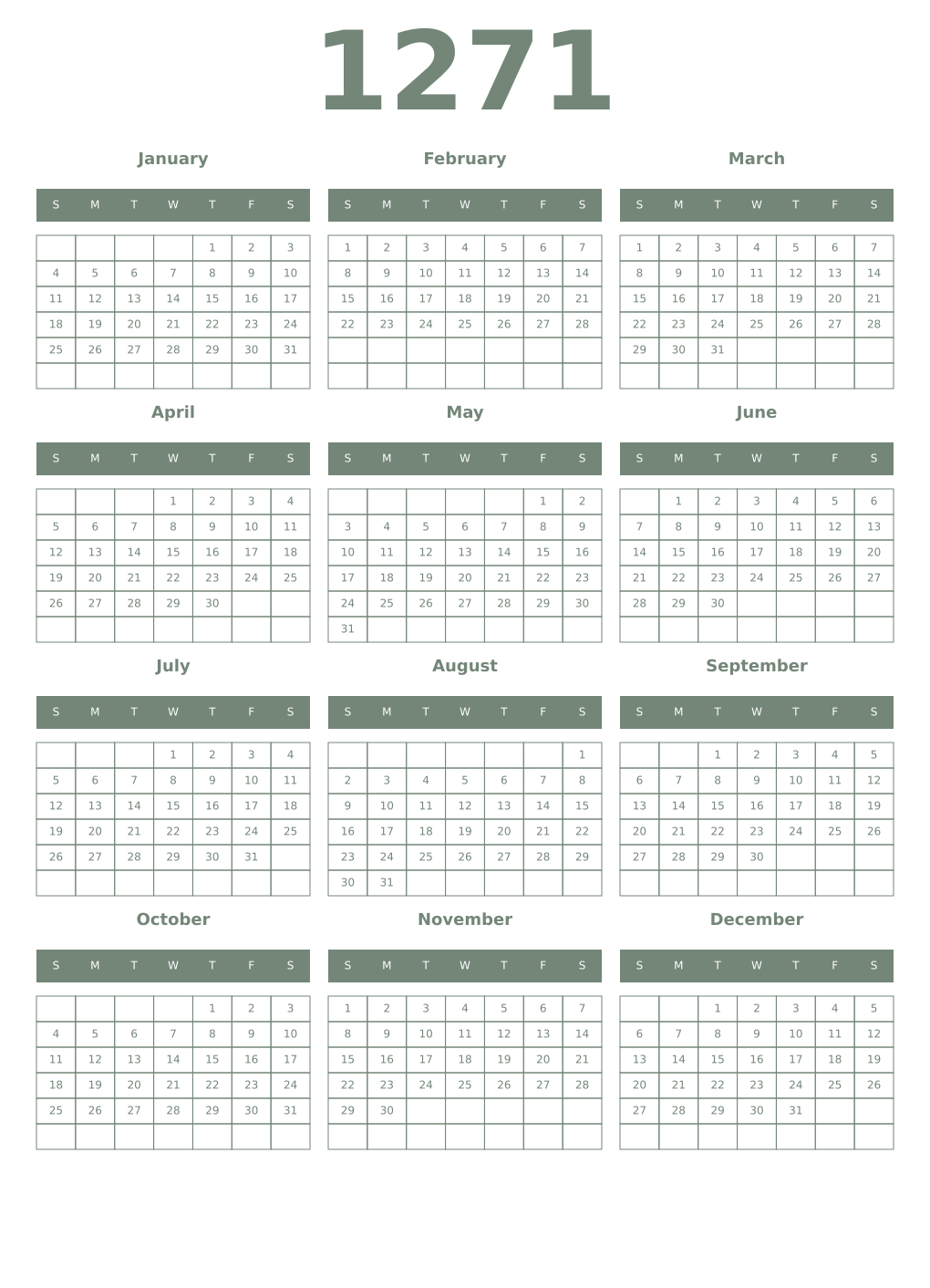 Printable 1271 Year Calendars xanadu