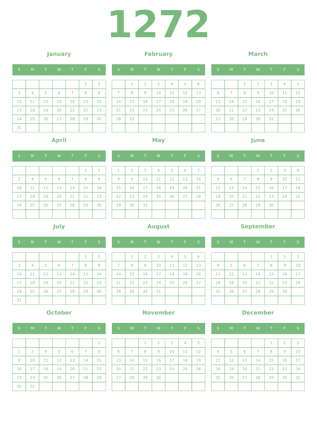 Printable 1272 Year Calendars celadon