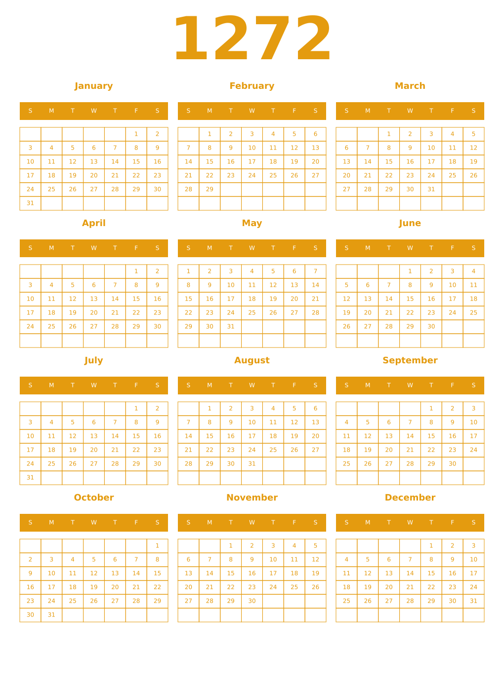 Printable 1272 Year Calendars gamboge