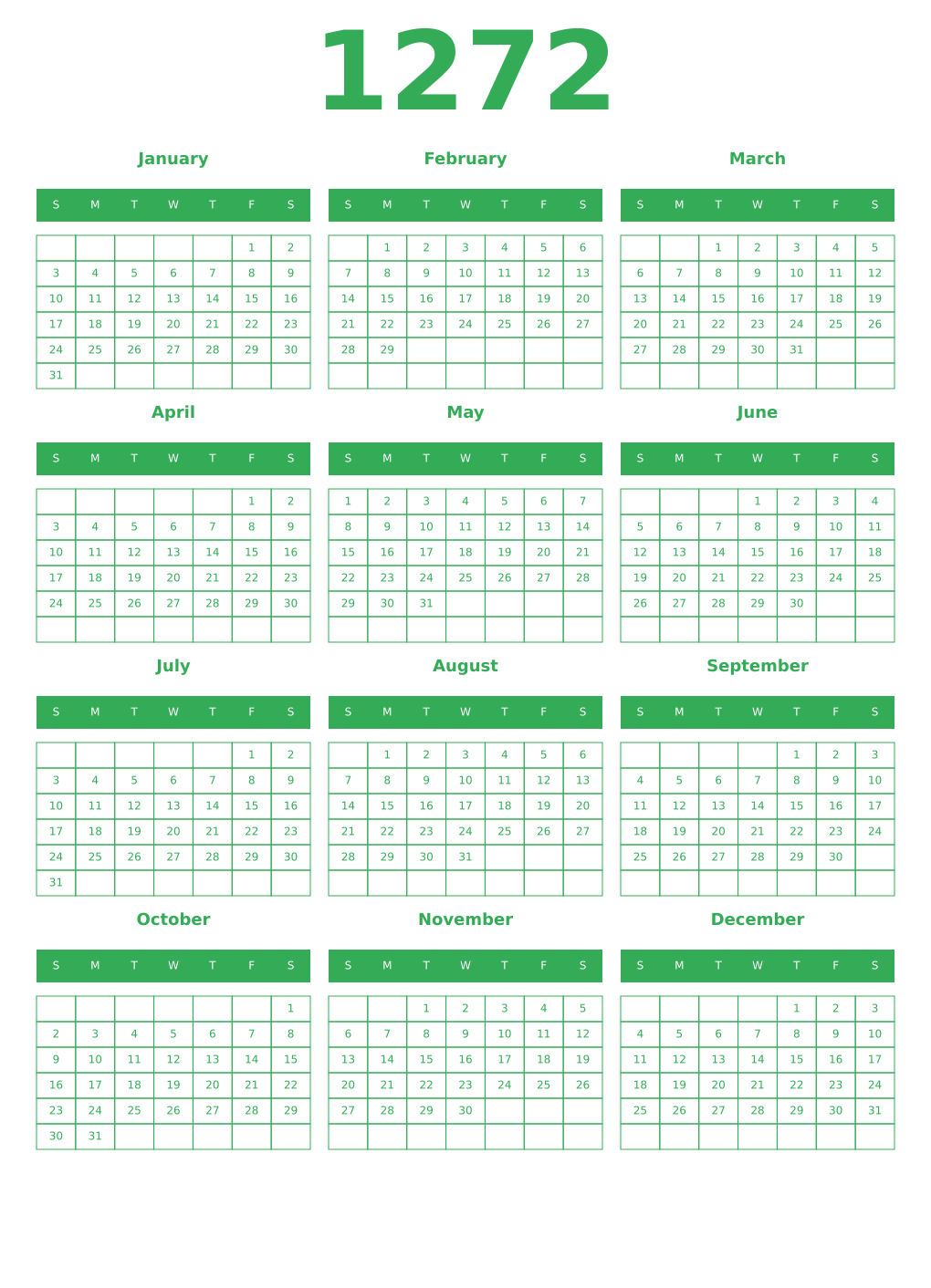 Printable 1272 Year Calendars green