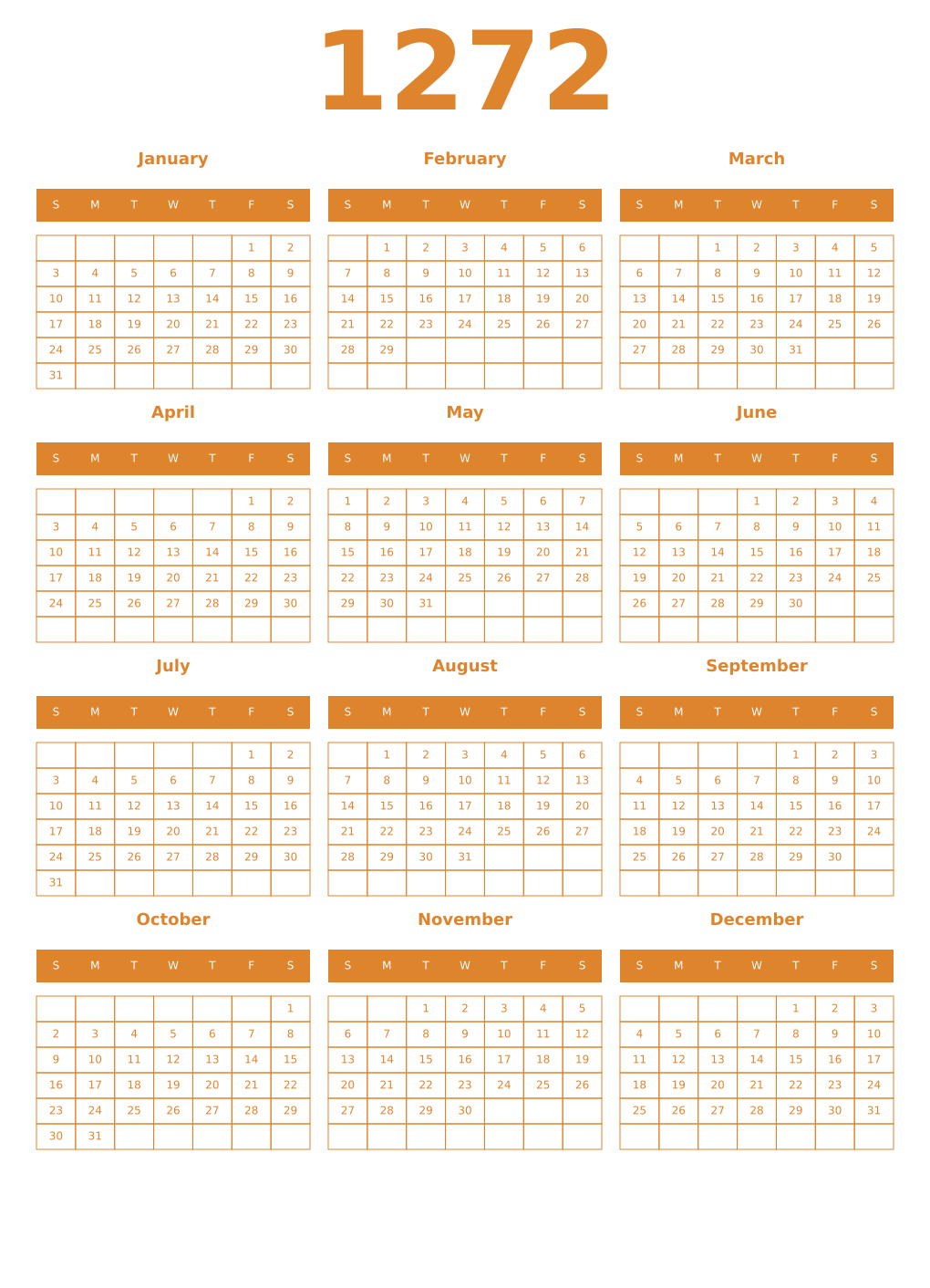 Printable 1272 Year Calendars orange