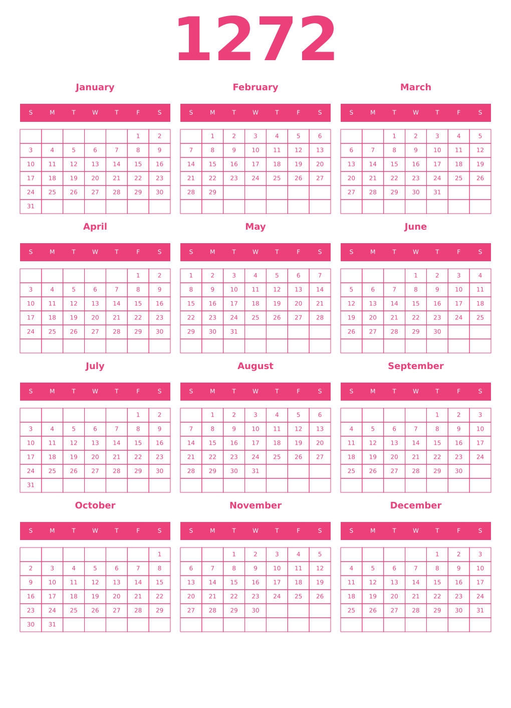 Printable 1272 Year Calendars pink