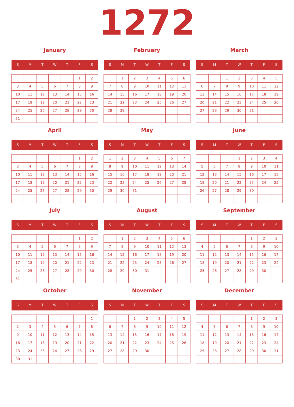 Printable 1272 Year Calendars red