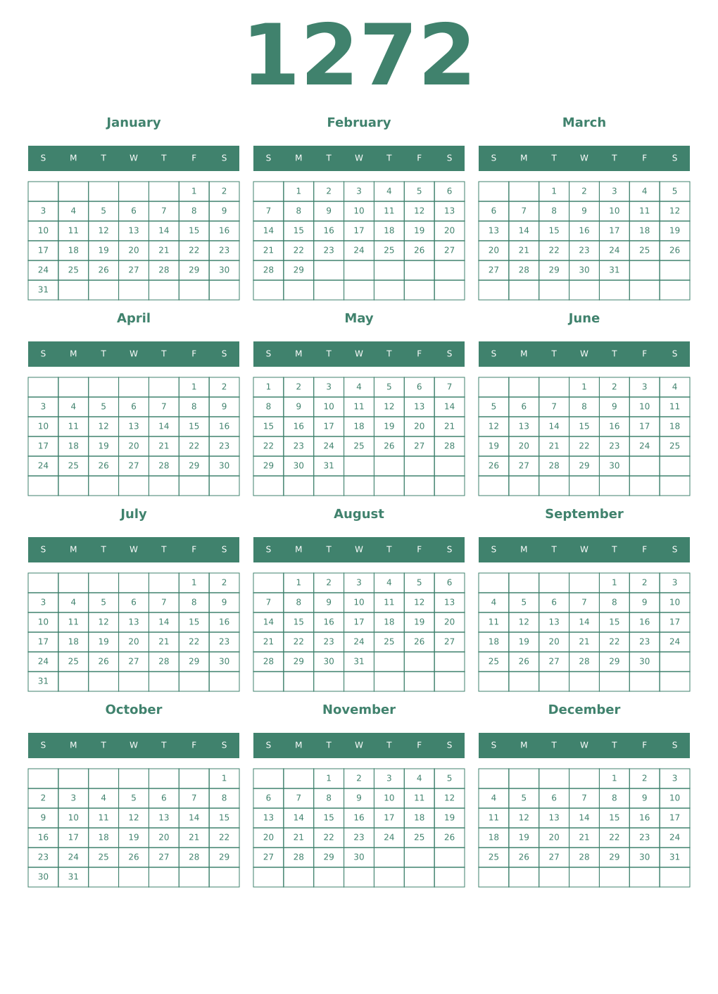Printable 1272 Year Calendars viridian