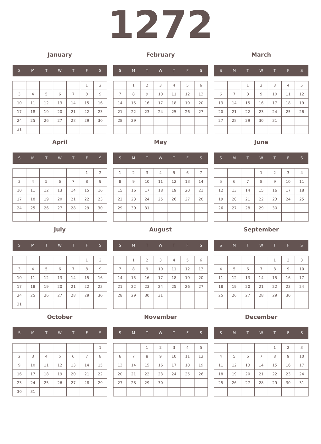 Printable 1272 Year Calendars wenge