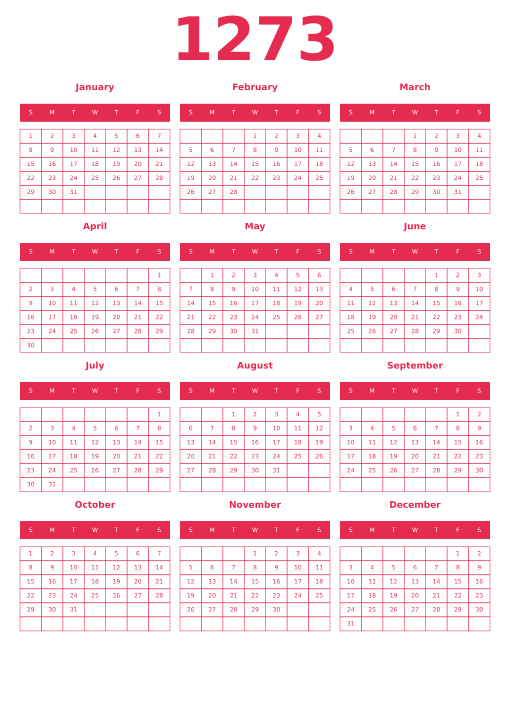Printable 1273 Year Calendars amaranth