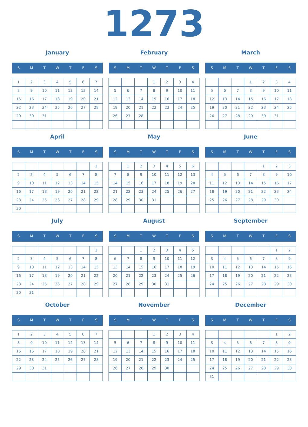Printable 1273 Year Calendars blue