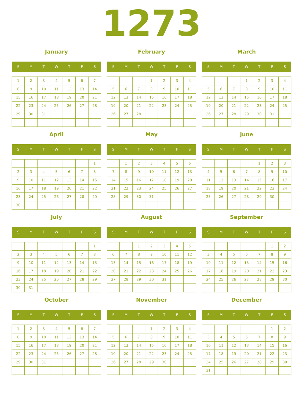 Printable 1273 Year Calendars chartreuse