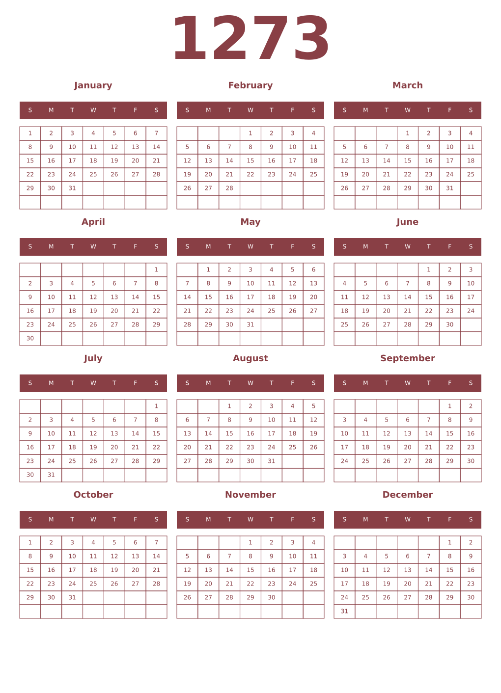Printable 1273 Year Calendars cordovan