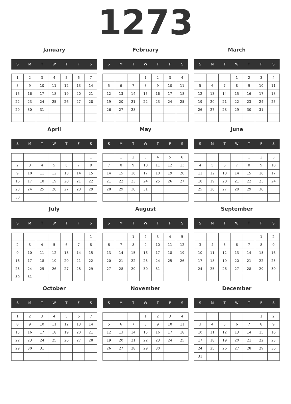 Printable 1273 Year Calendars dark
