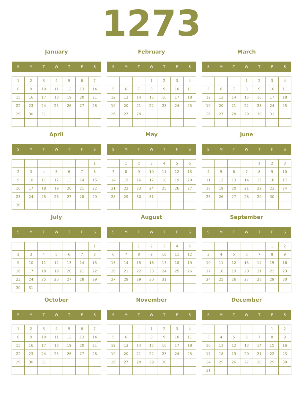 Printable 1273 Year Calendars eburnean