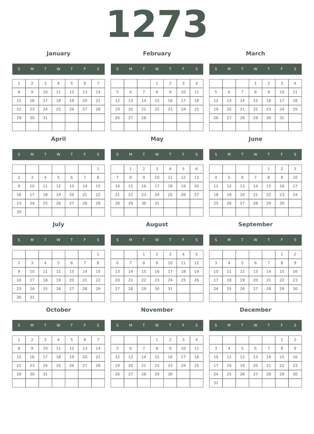 Printable 1273 Year Calendars feldgrau