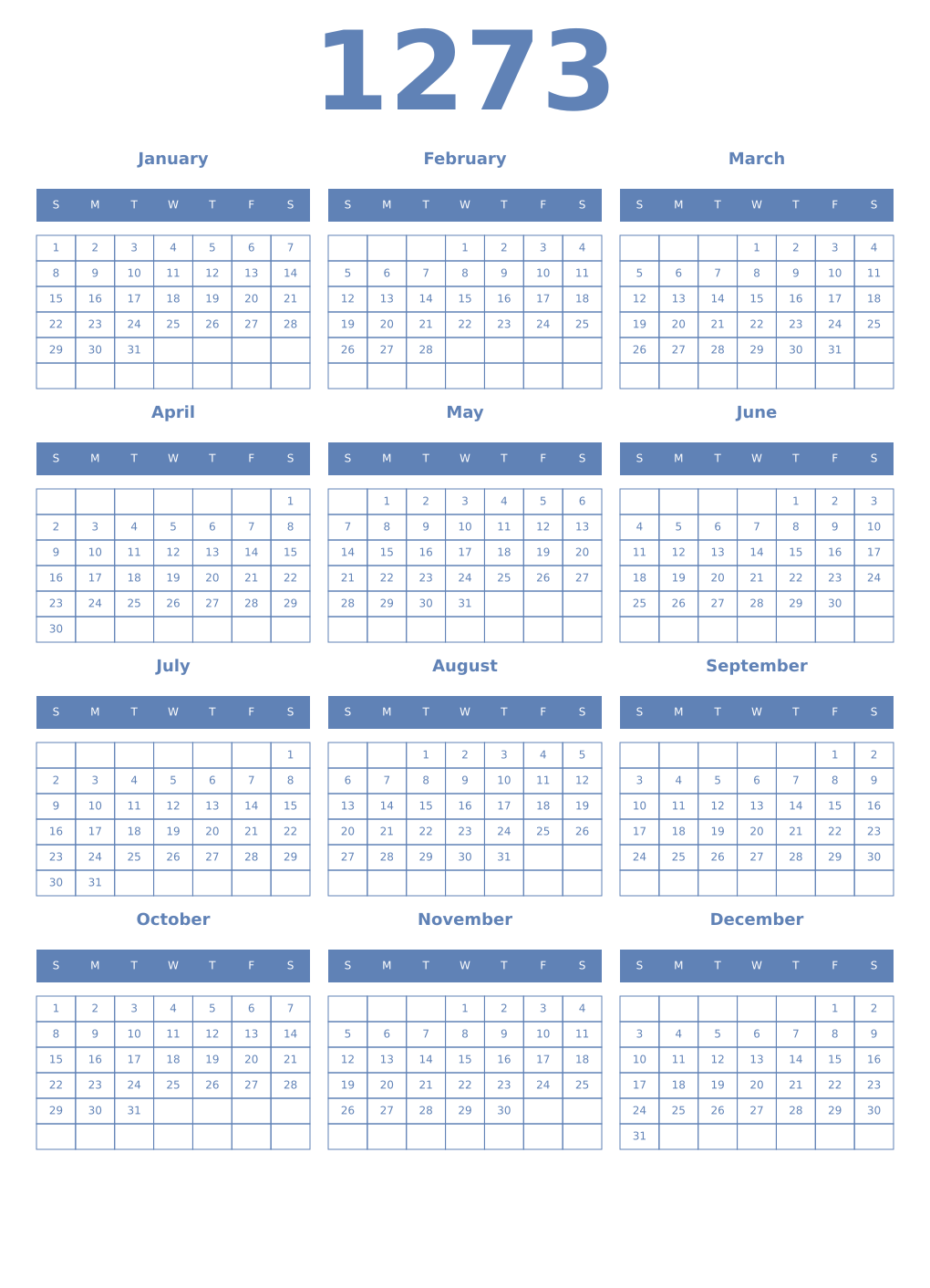 Printable 1273 Year Calendars glaucous