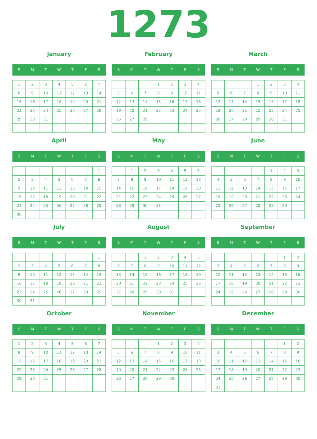 Printable 1273 Year Calendars green