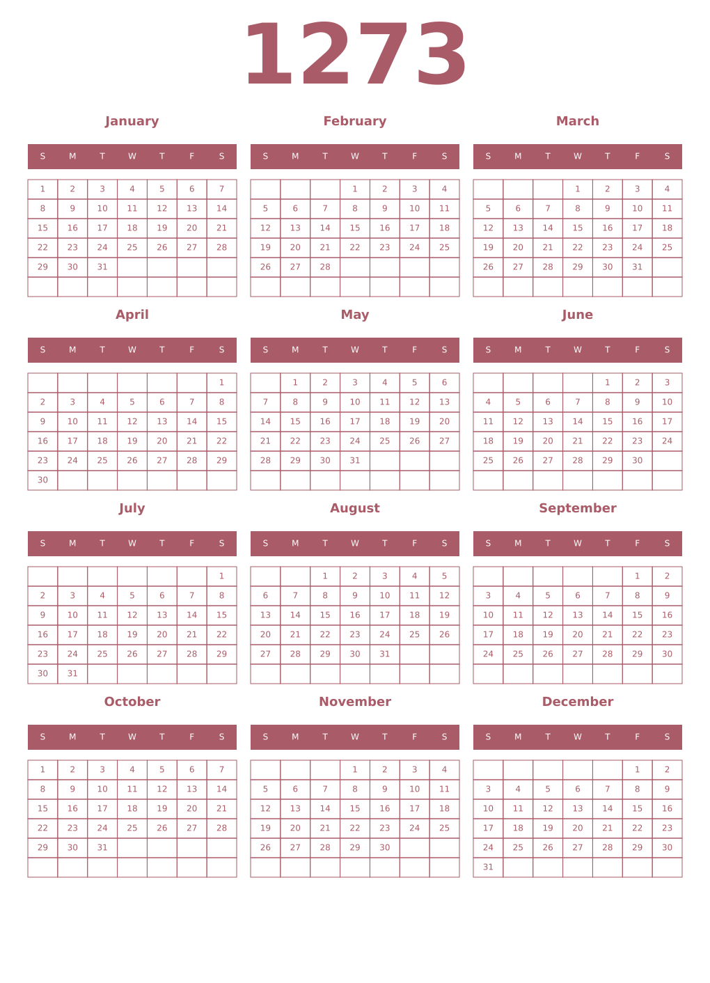 Printable 1273 Year Calendars puce
