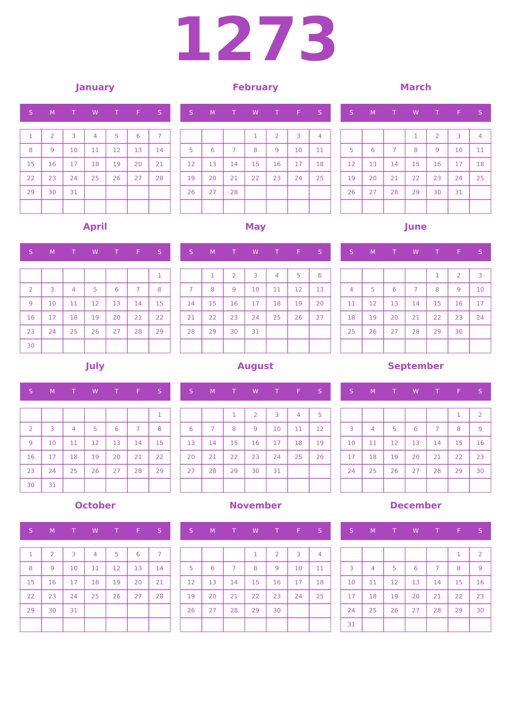 Printable 1273 Year Calendars purple