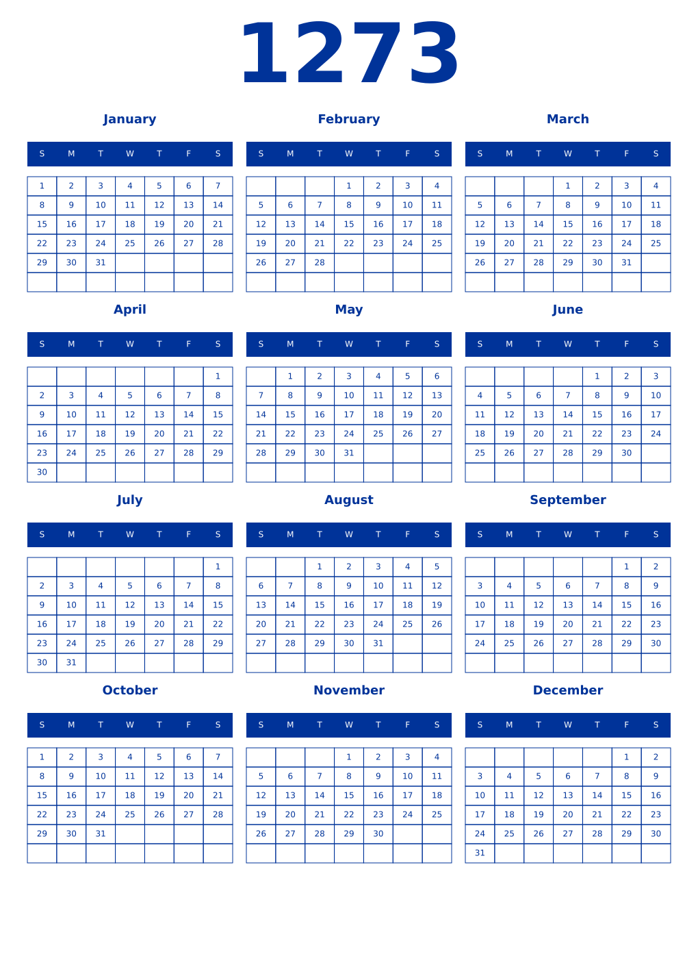 Printable 1273 Year Calendars smalt