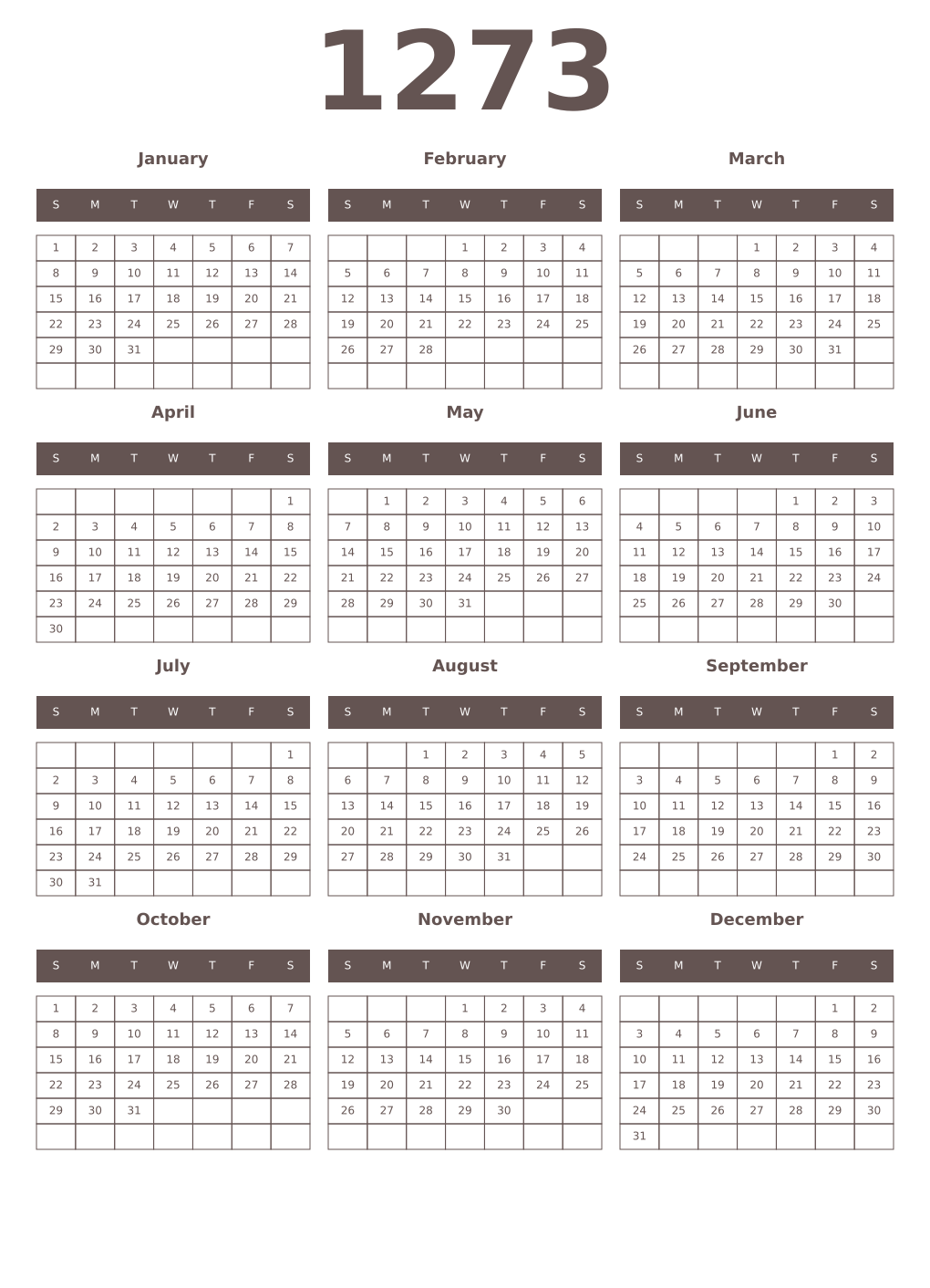 Printable 1273 Year Calendars wenge