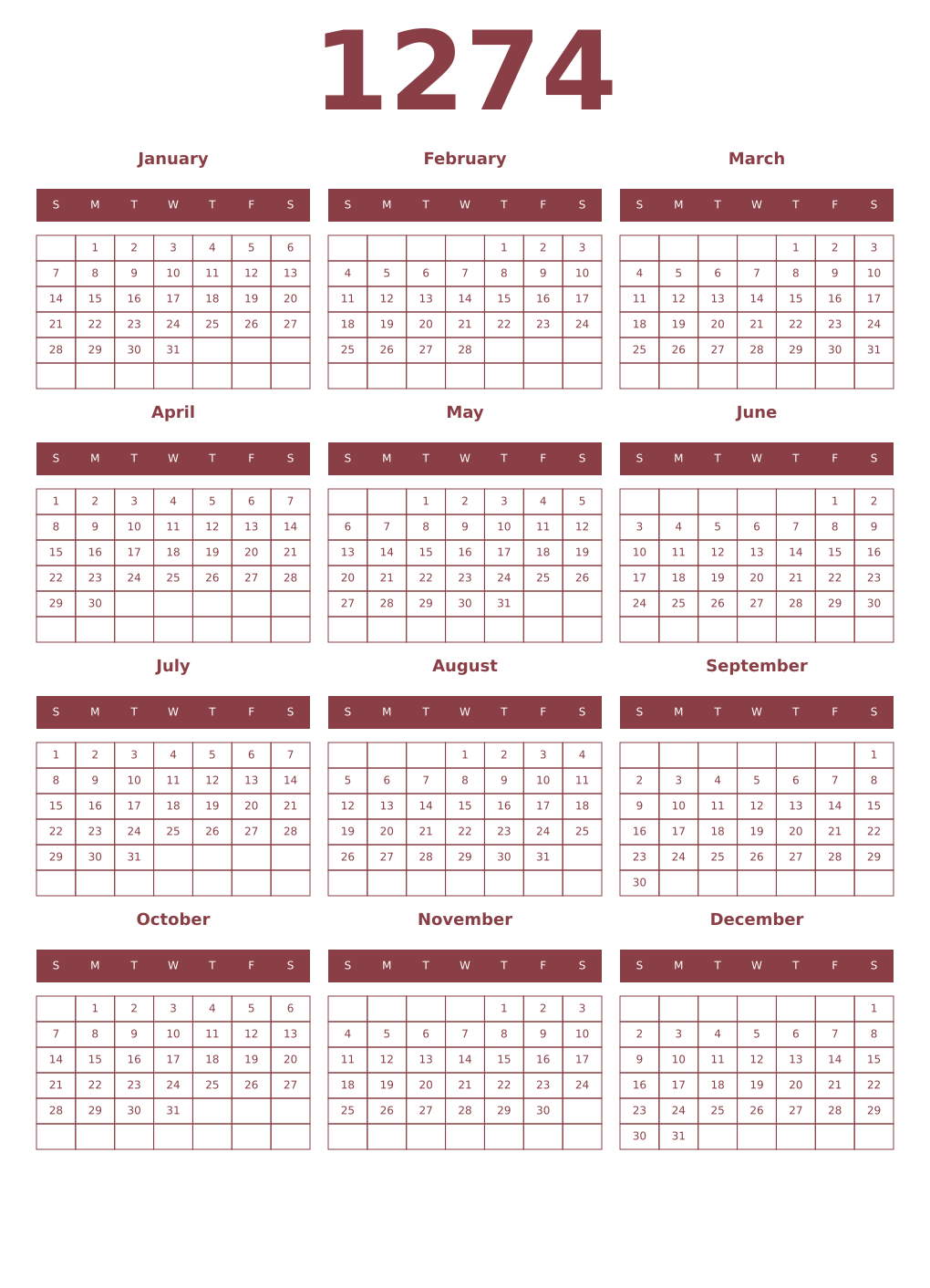 Printable 1274 Year Calendars cordovan