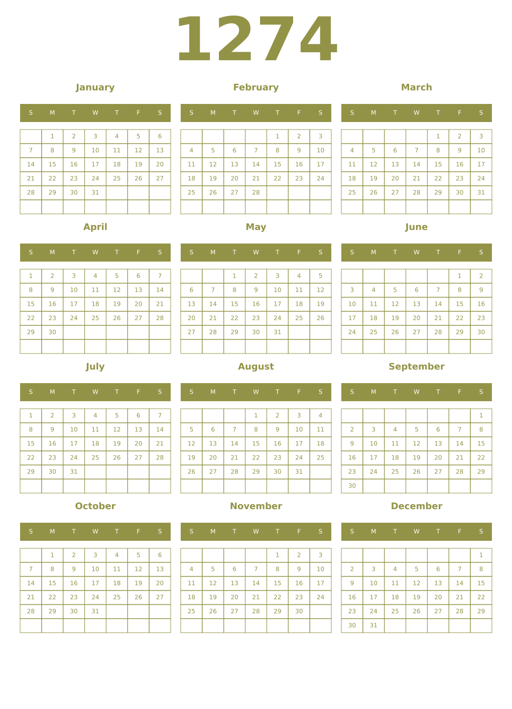 Printable 1274 Year Calendars eburnean