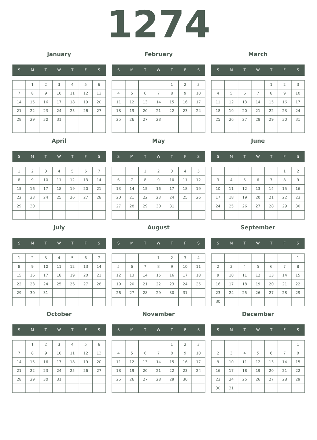 Printable 1274 Year Calendars feldgrau