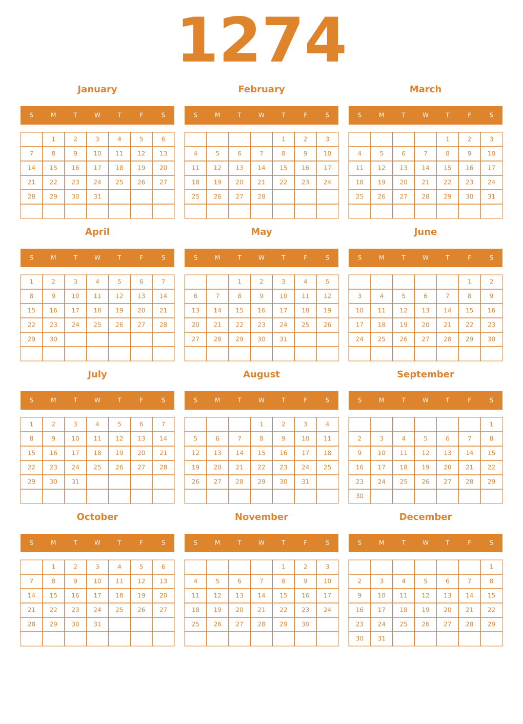 Printable 1274 Year Calendars orange