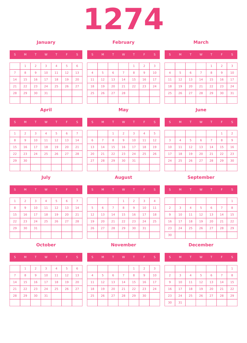 Printable 1274 Year Calendars pink