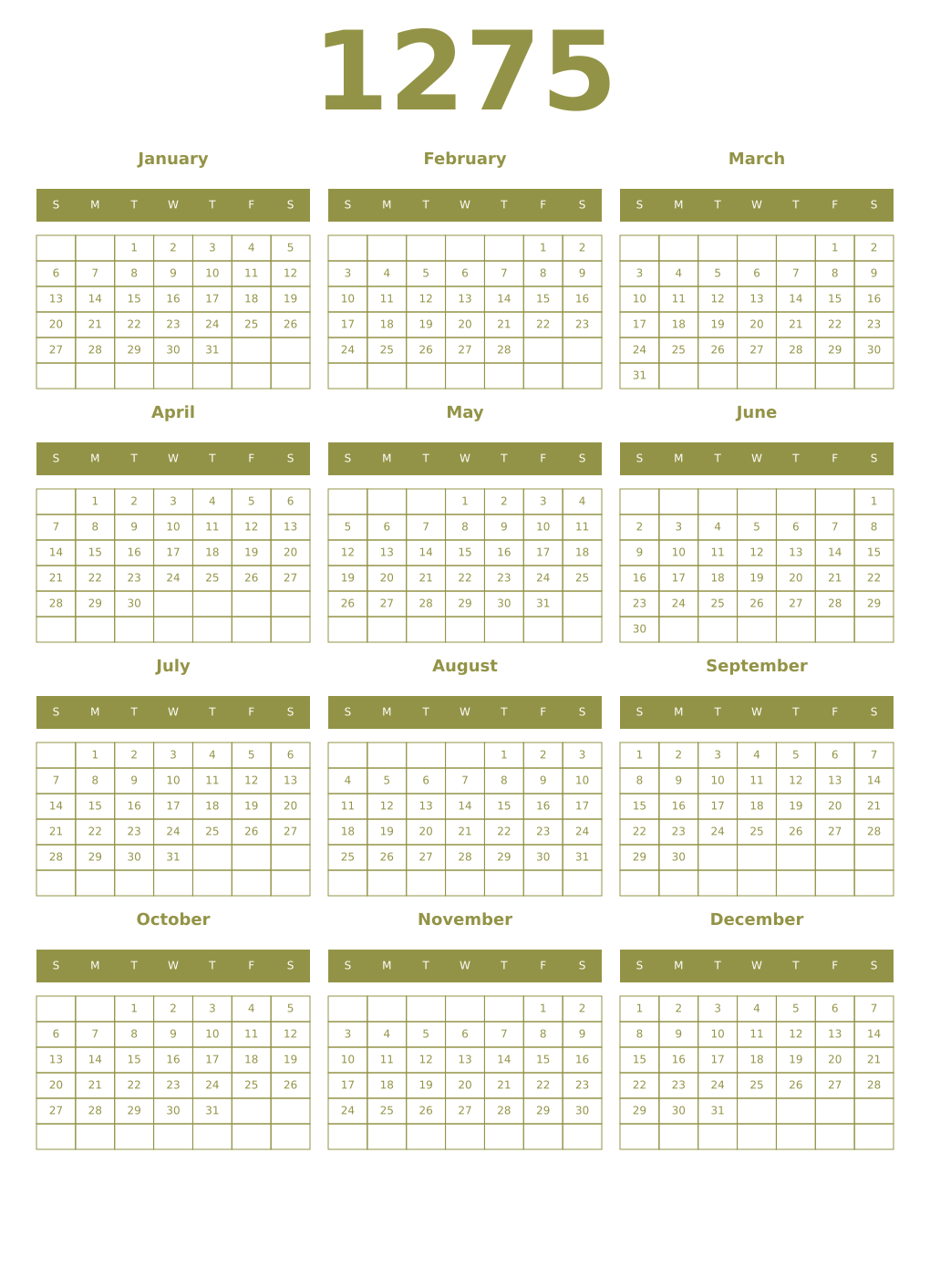 Printable 1275 Year Calendars eburnean