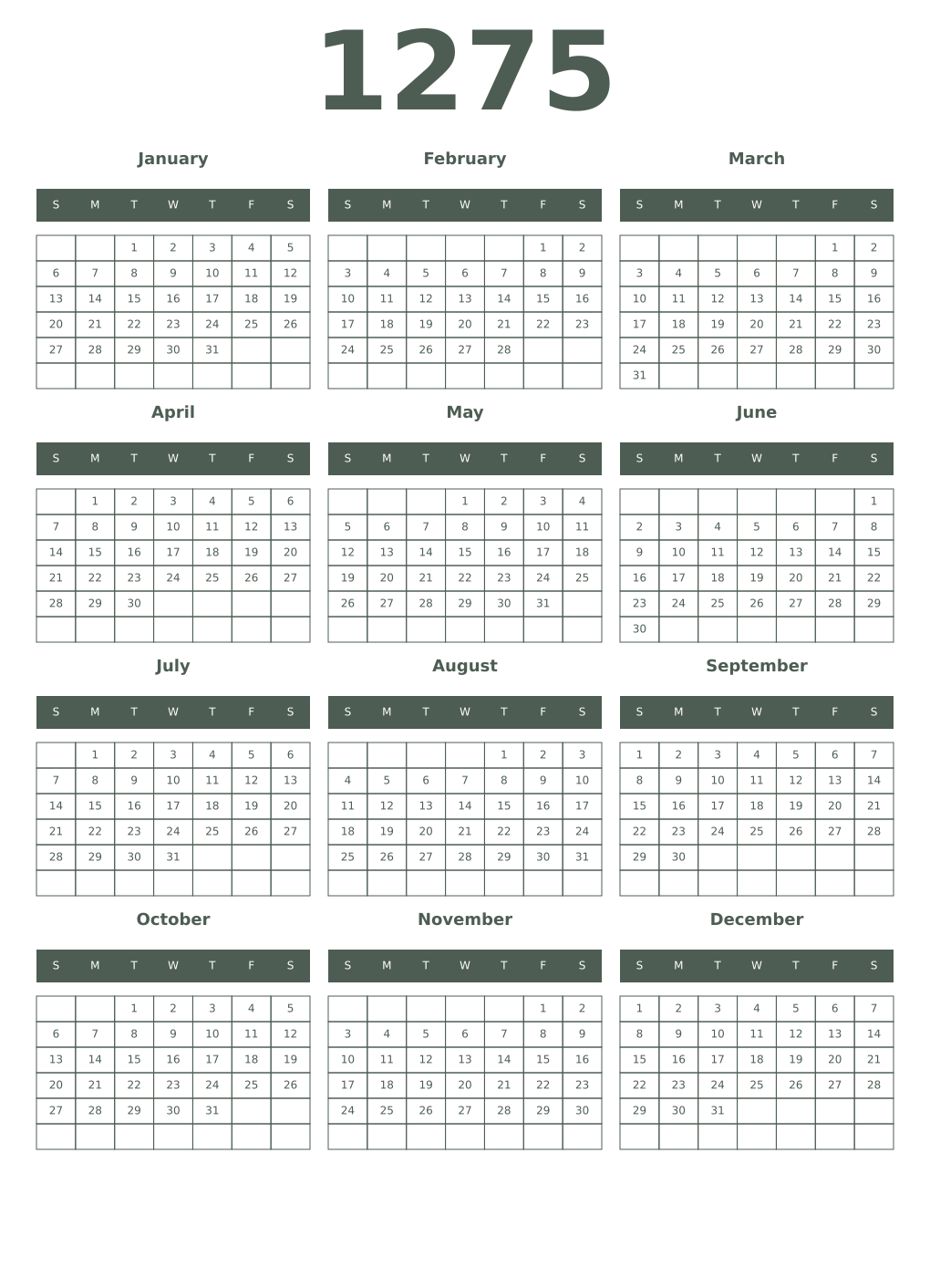 Printable 1275 Year Calendars feldgrau
