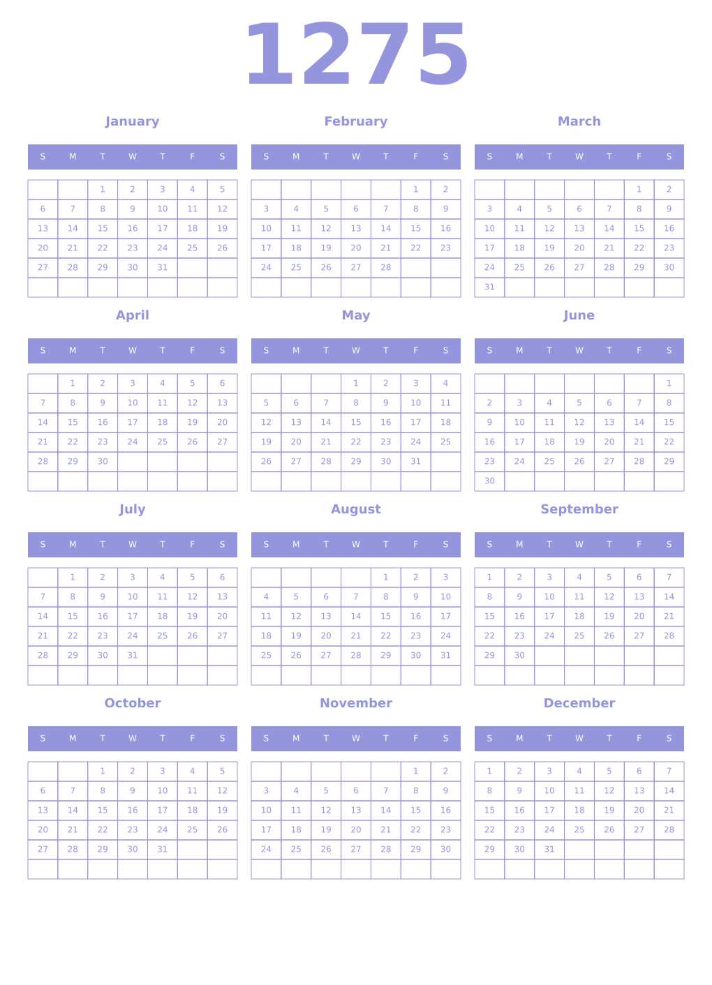 Printable 1275 Year Calendars periwinkle