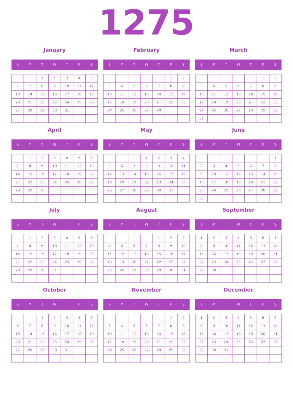 Printable 1275 Year Calendars purple