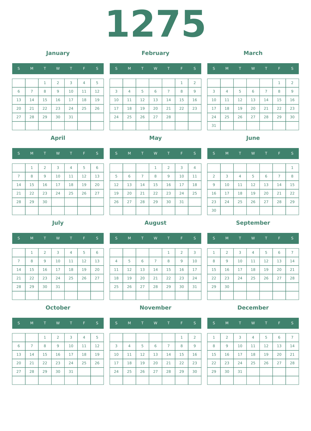 Printable 1275 Year Calendars viridian