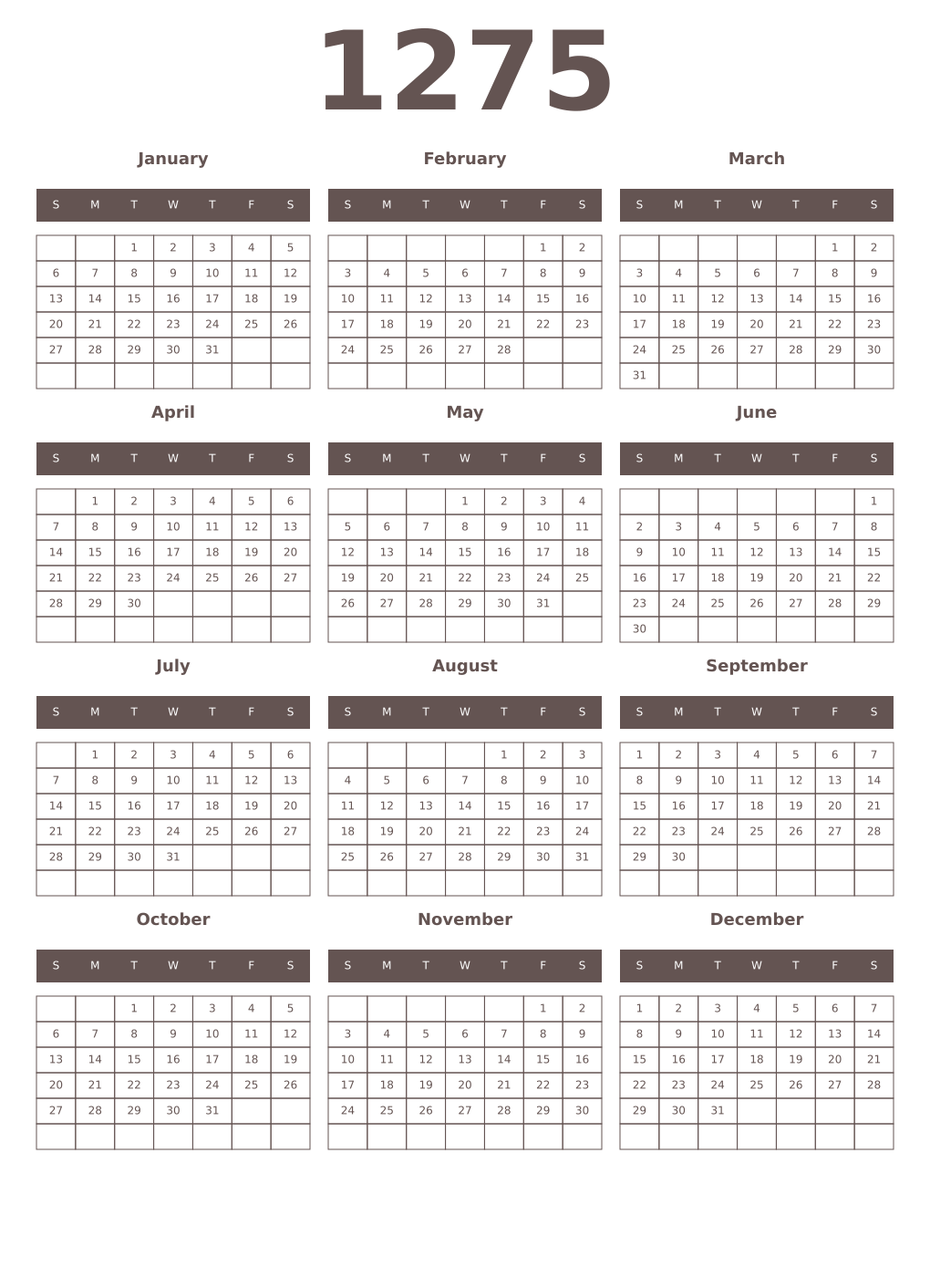 Printable 1275 Year Calendars wenge