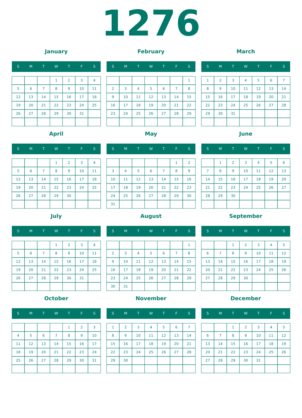 Printable 1276 Year Calendars pastel