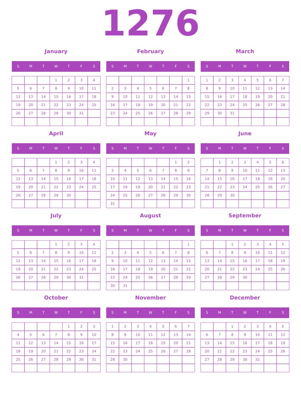 Printable 1276 Year Calendars purple
