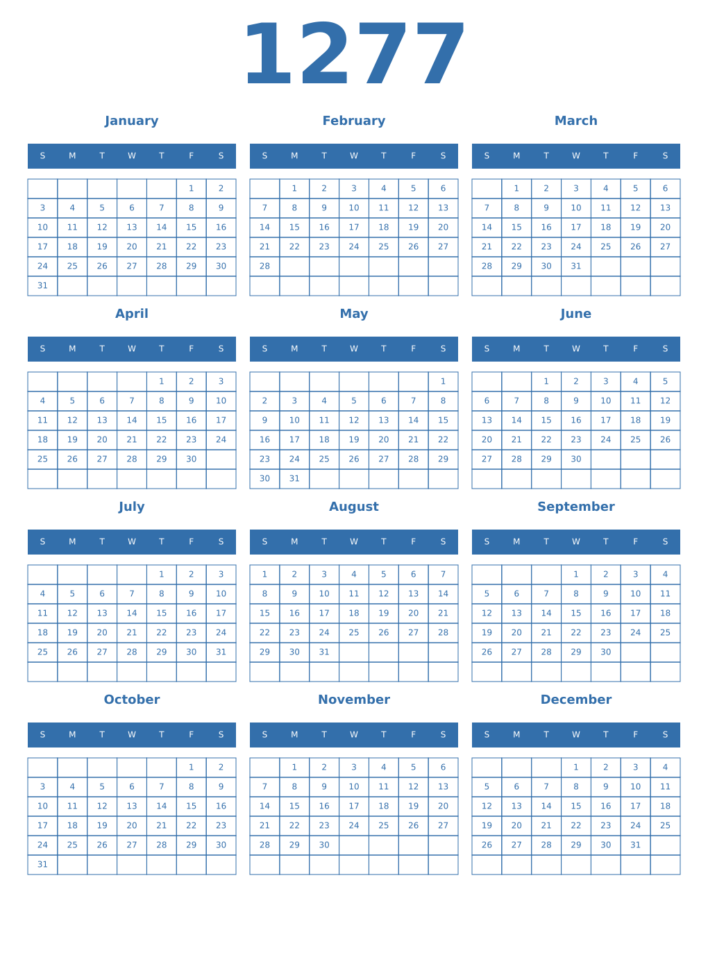 Printable 1277 Year Calendars blue
