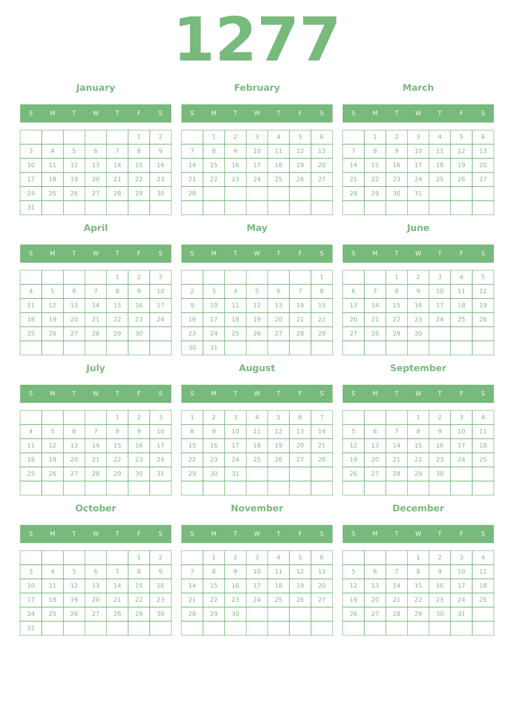 Printable 1277 Year Calendars celadon