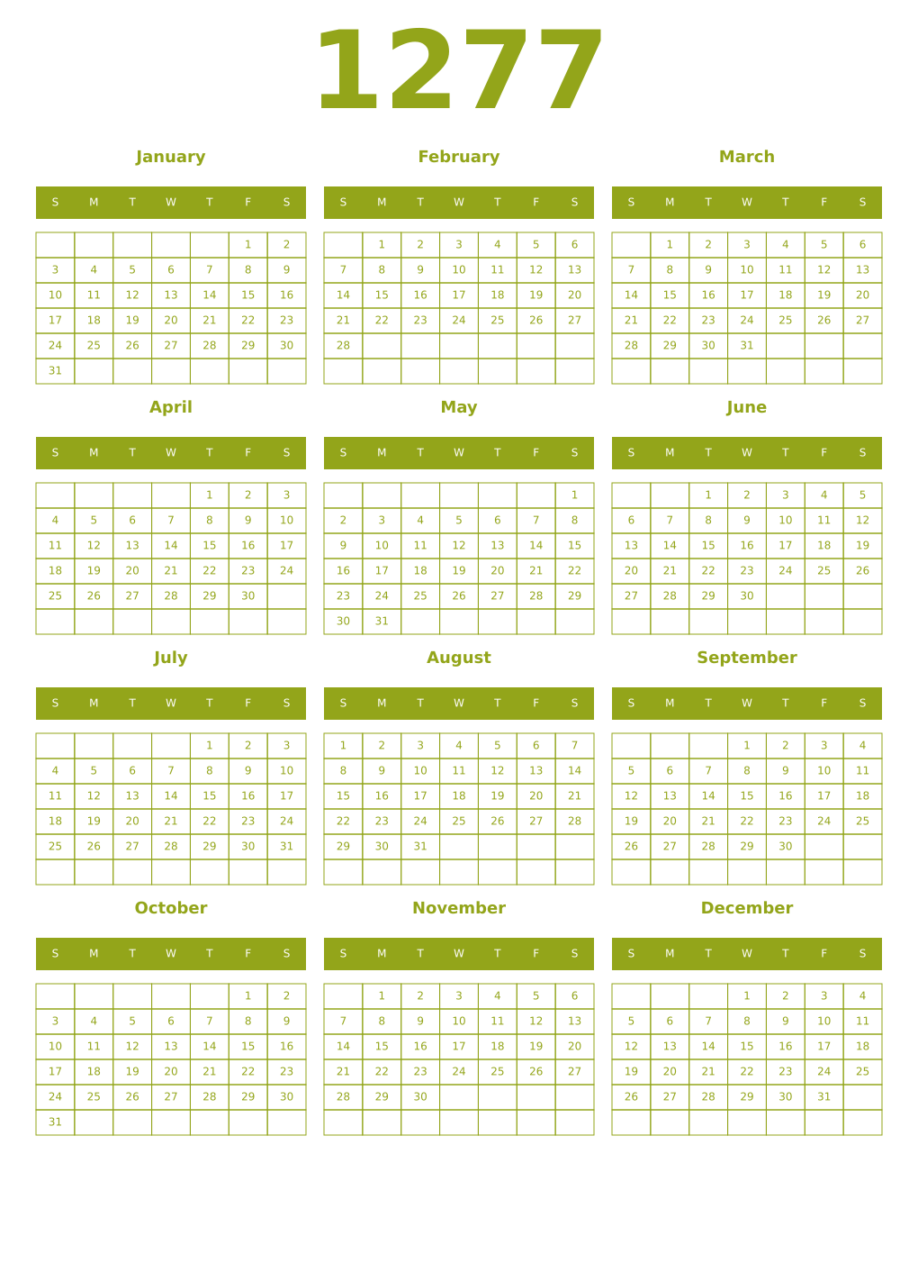 Printable 1277 Year Calendars chartreuse
