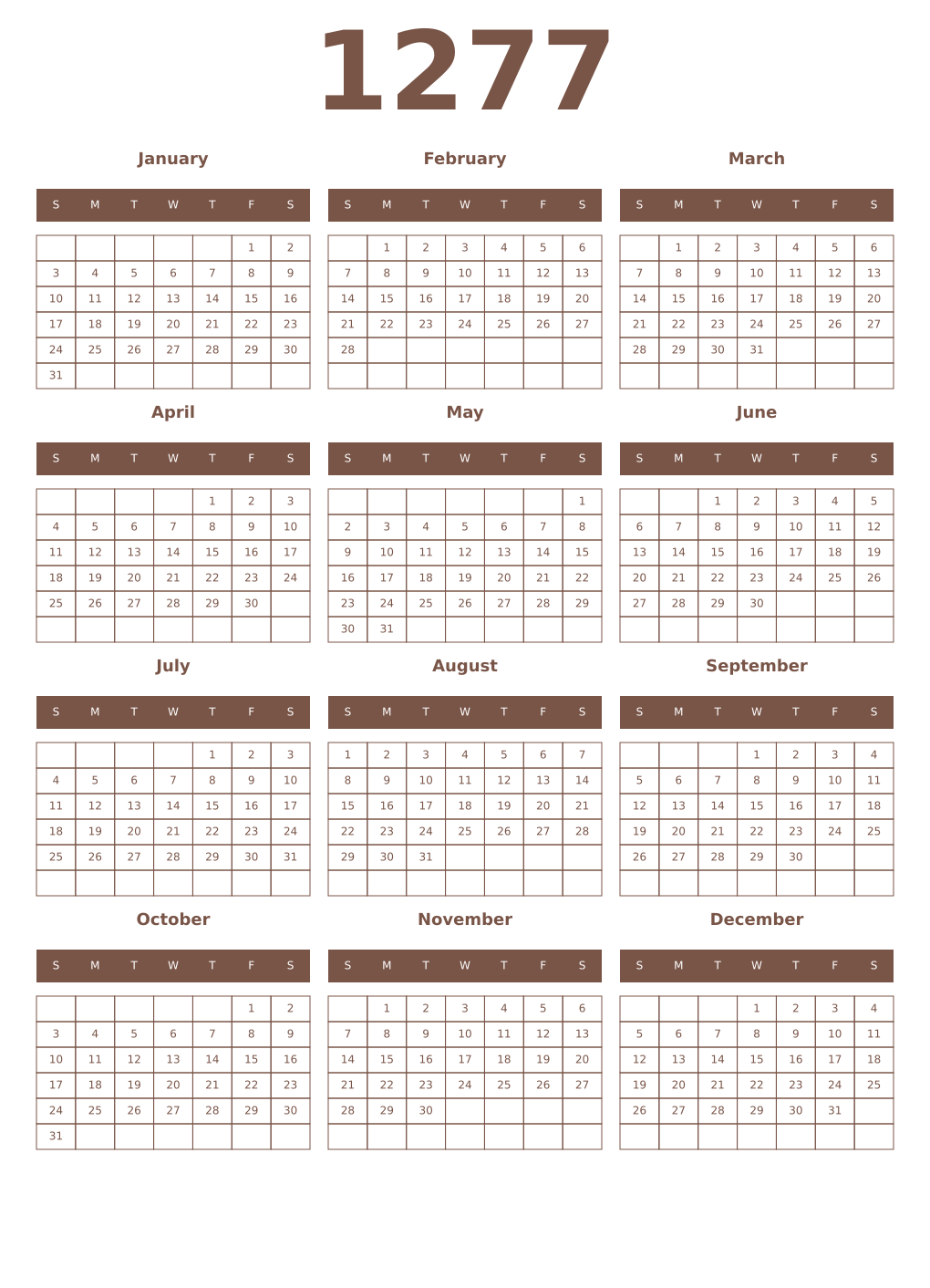 Printable 1277 Year Calendars coffe