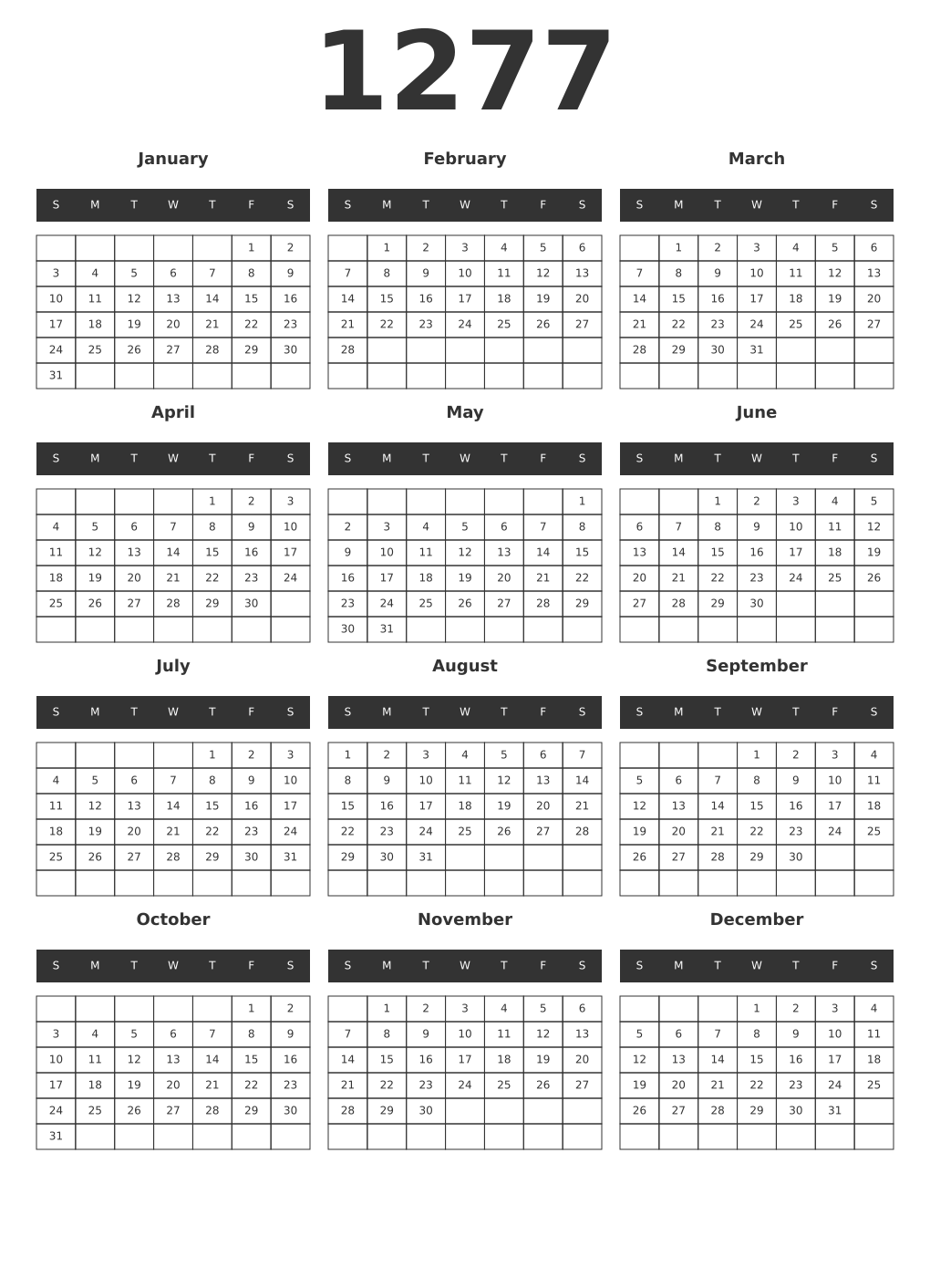 Printable 1277 Year Calendars dark