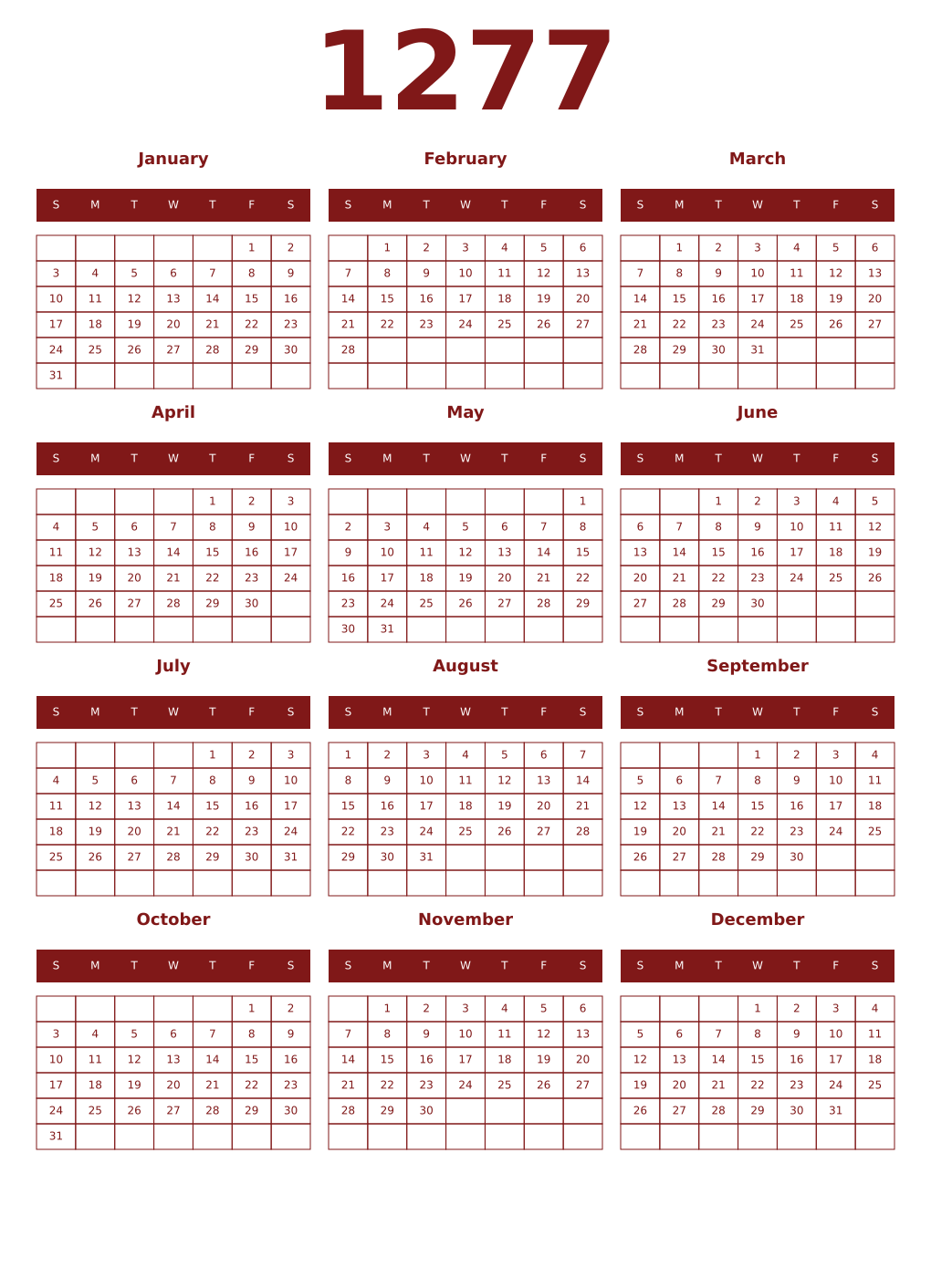 Printable 1277 Year Calendars falu