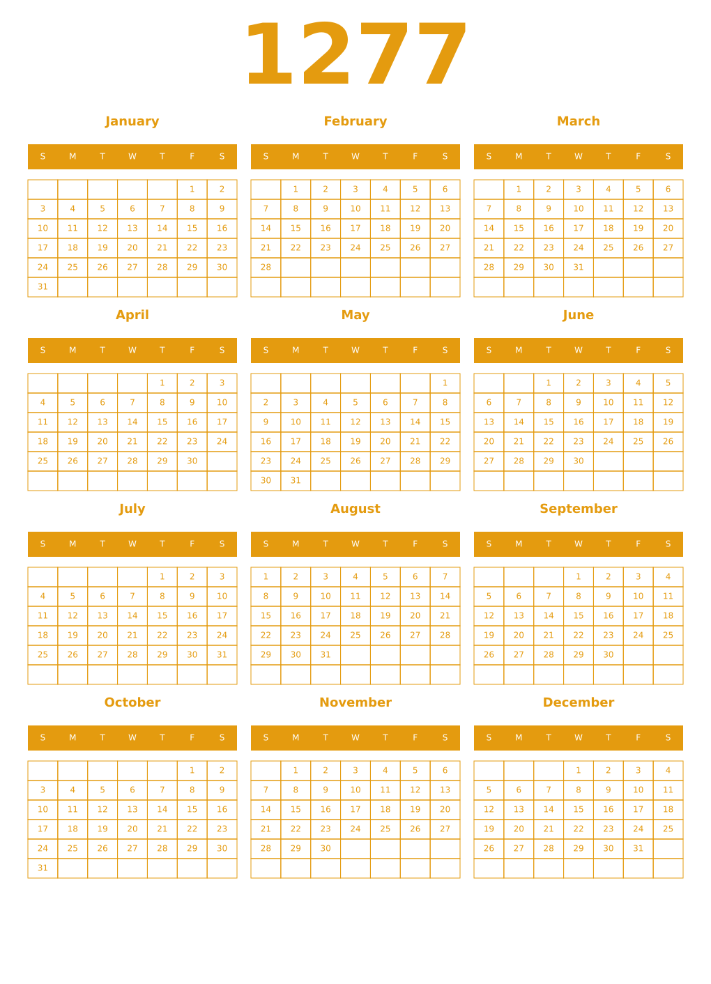 Printable 1277 Year Calendars gamboge