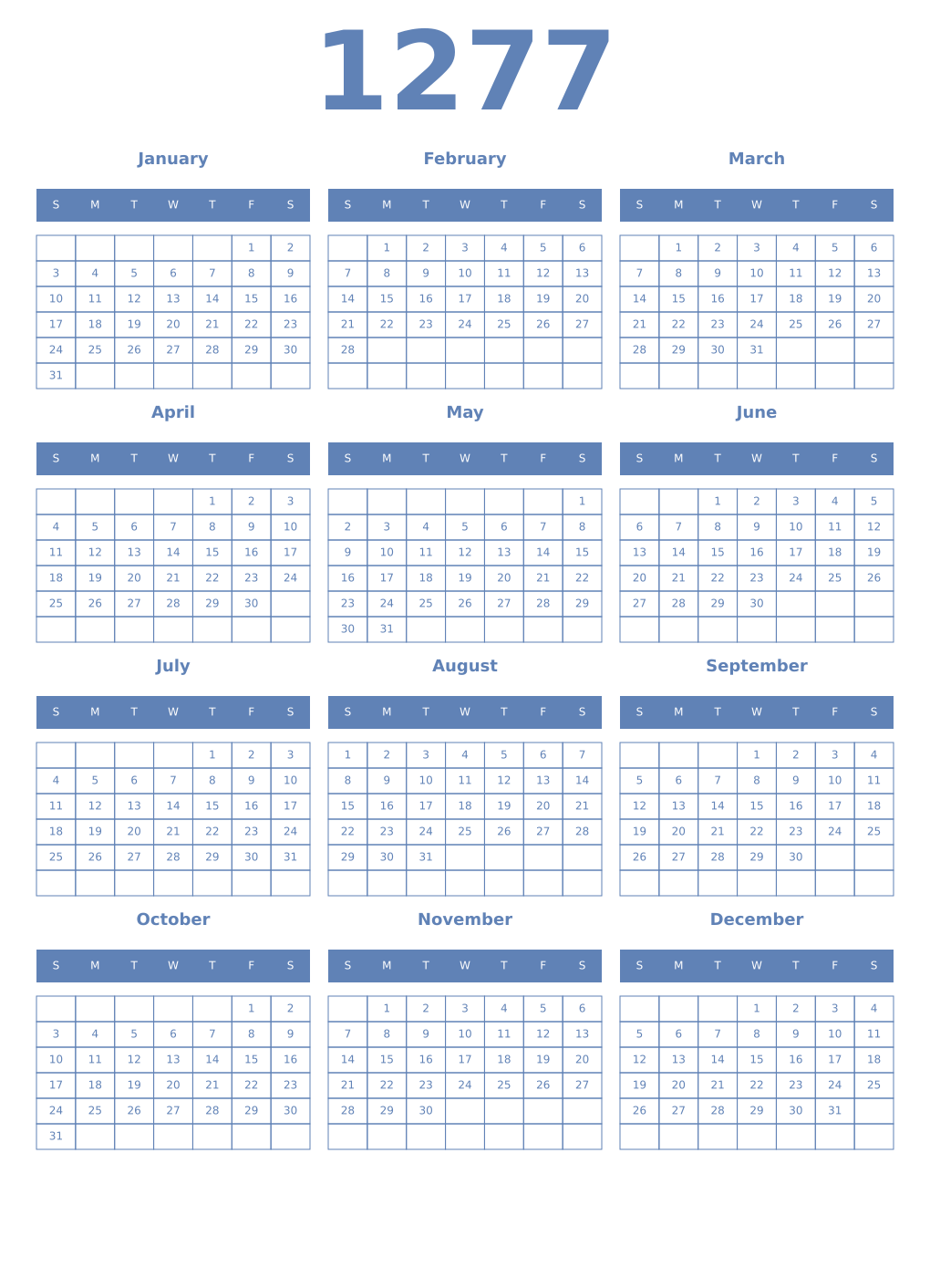Printable 1277 Year Calendars glaucous
