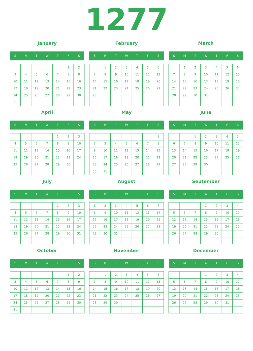Printable 1277 Year Calendars green
