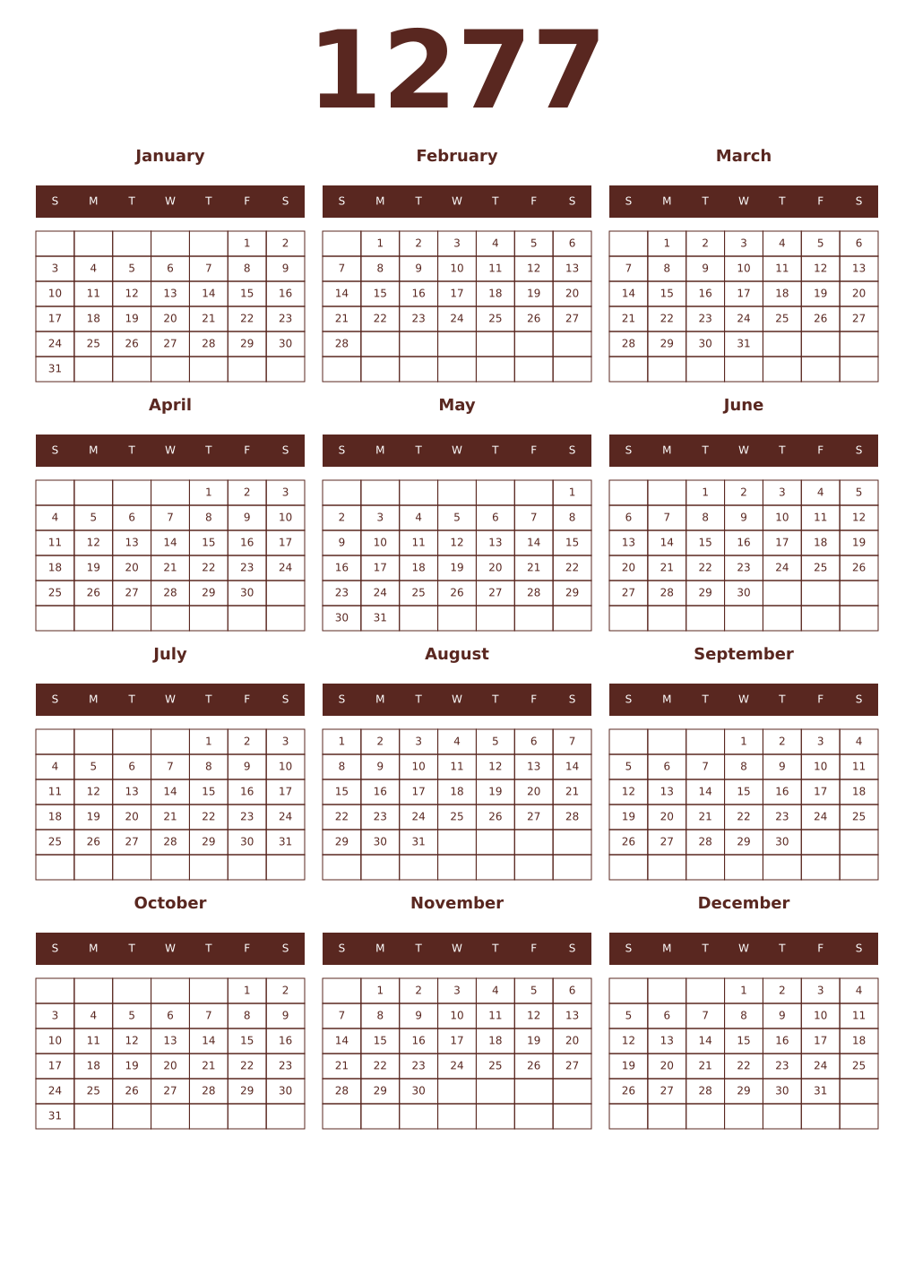 Printable 1277 Year Calendars mortuum