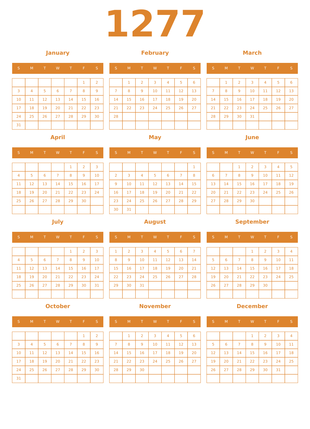 Printable 1277 Year Calendars orange